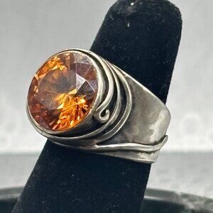 Sterling Silver Ring Size 5 With Faceted Cognac Citrine Gemstone 8.93 g
